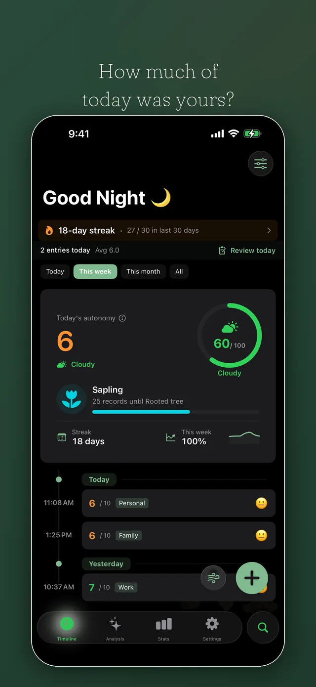 Timeline screen in dark mode: an evening greeting, an 18-day streak, today's autonomy at a glance, and the day's check-ins