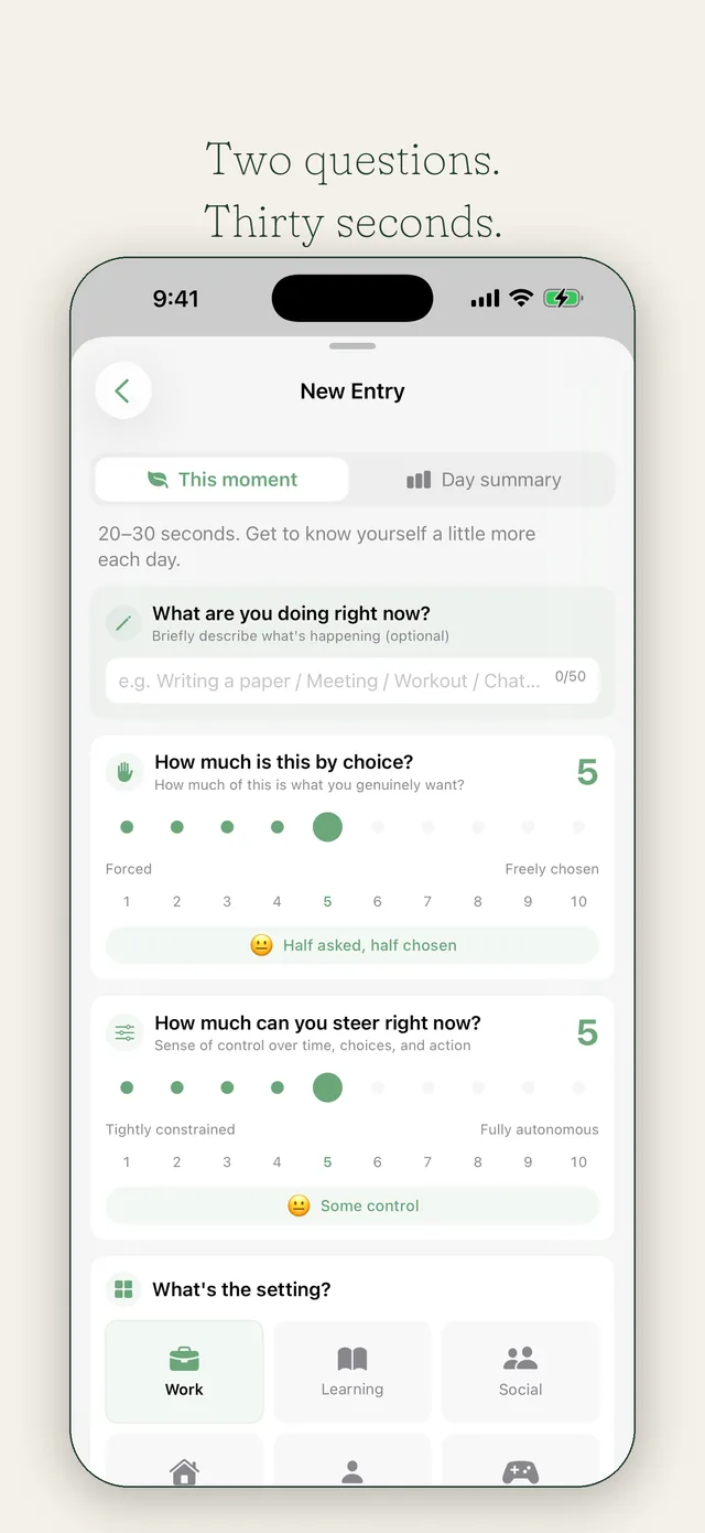 New Entry screen in light mode: two quick questions about willingness and control, then the setting