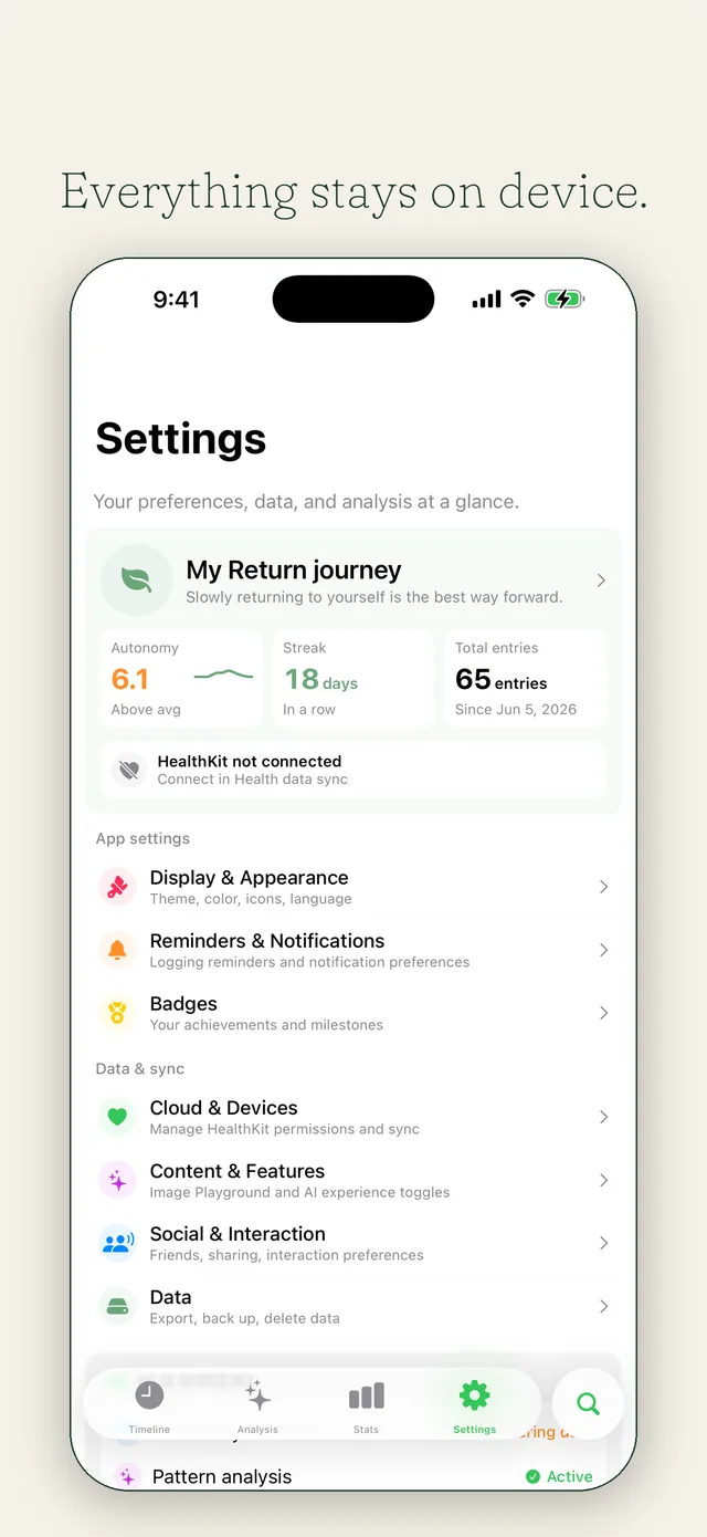 Settings screen in light mode: your journey at a glance and clear data boundaries