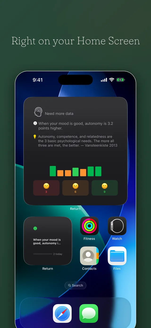 Home Screen in dark mode: a large Return widget with today's insight, a research note, and a mood-coded week strip, next to a small widget showing the same insight