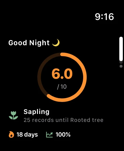 Watch app Today screen: a good-night greeting, today's score ring, growth stage, streak, and week completion